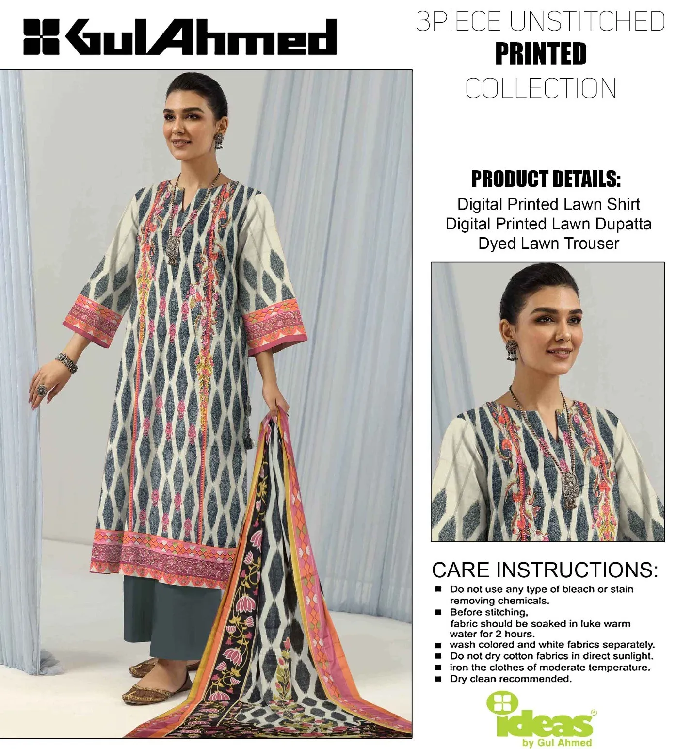 3 Piece IDEAS By Gul Ahmed Printed Lawn Sleeves