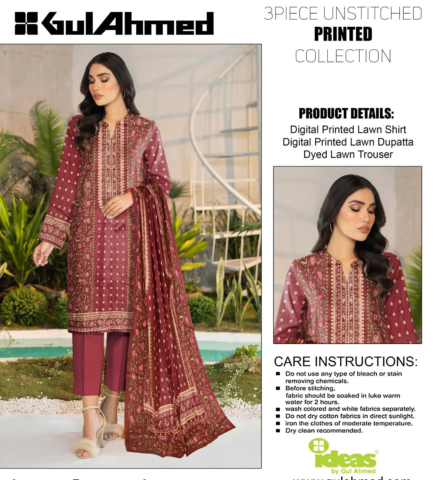 3 Piece IDEAS By Gul Ahmed Printed Lawn  Dupatta