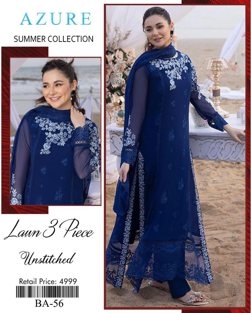 3 pcs women unstitch Lawn embroidered suit
