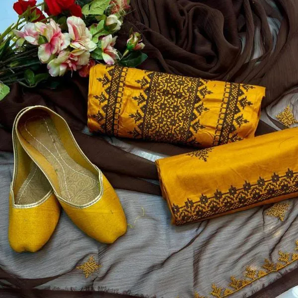4 Pcs Women's Unstitched Cotton Yellow Embroidered Suit