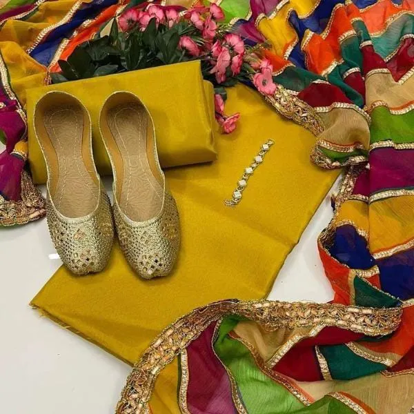 3 Pcs Womens Unstitched Katan Silk Plain Suit Yellow Color