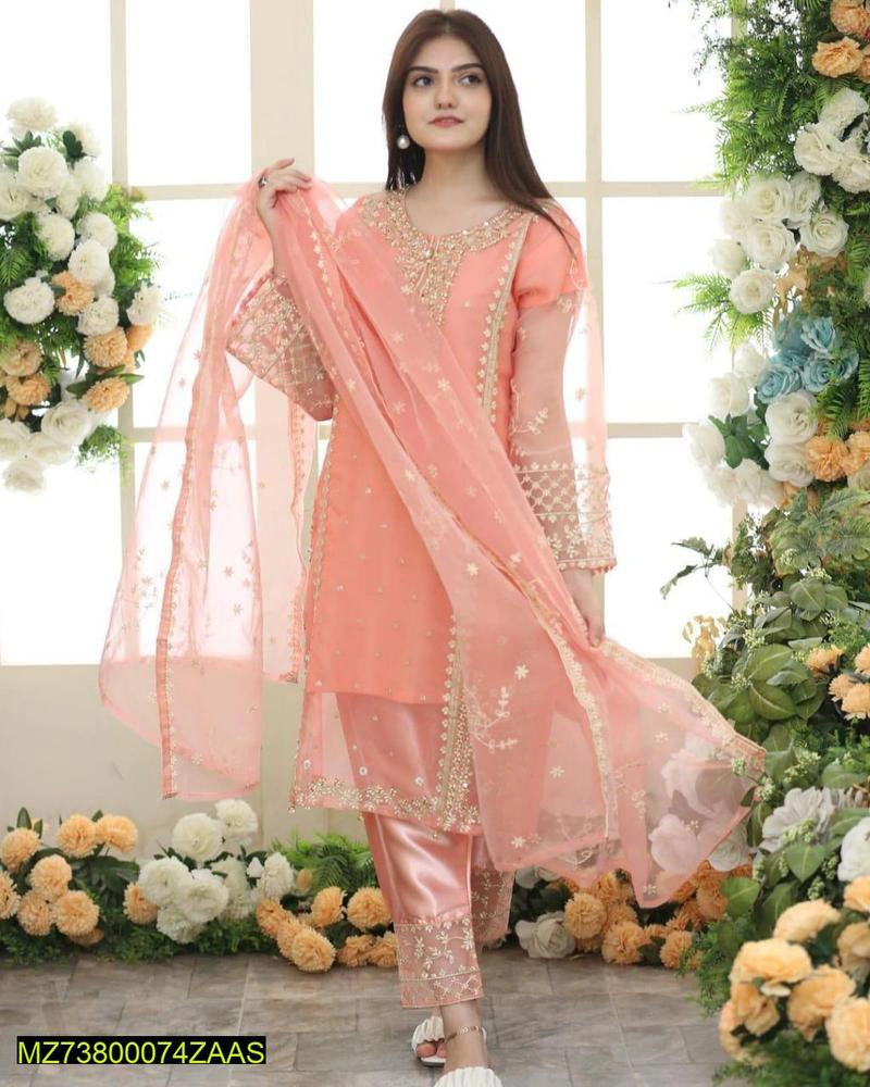 3 PC's Women's Stitched Organza Embroidered Suit