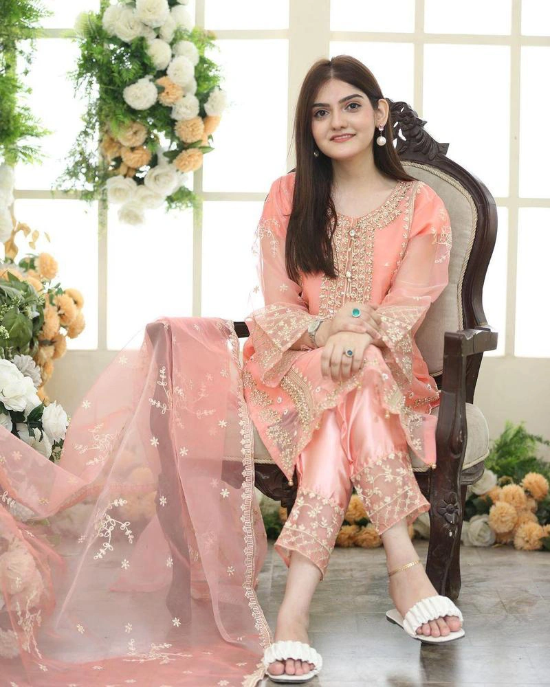 3 PC's Women's Stitched Organza Embroidered Suit