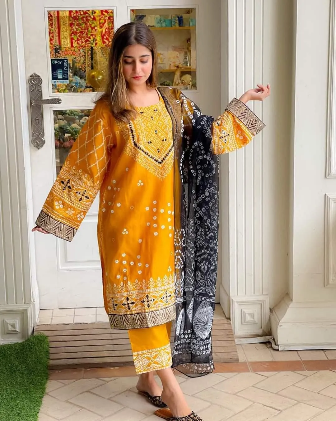 3 pcs women stitched katan silks printed suit