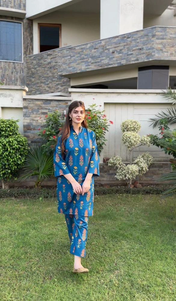 2 Piece women's stitched linen printed suit