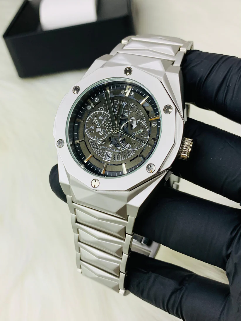 Hublot-Diamond Cut white Chronograph Watch – Luxury Stainless Steel, Sporty & Bold Design