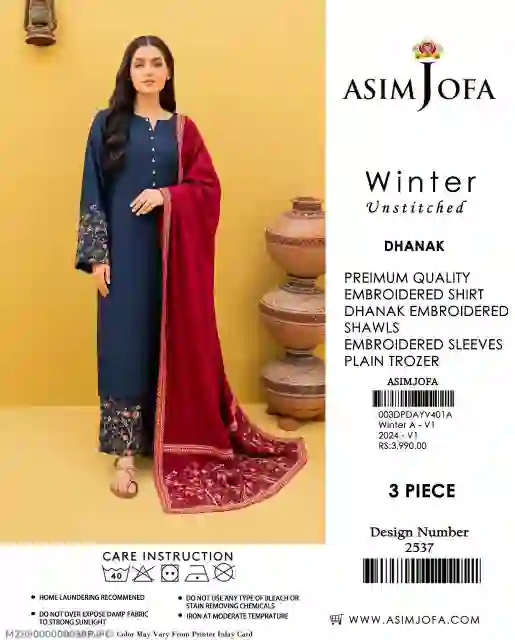 Women's Unstitched Dhanak Embroidered 3 Pcs Suit