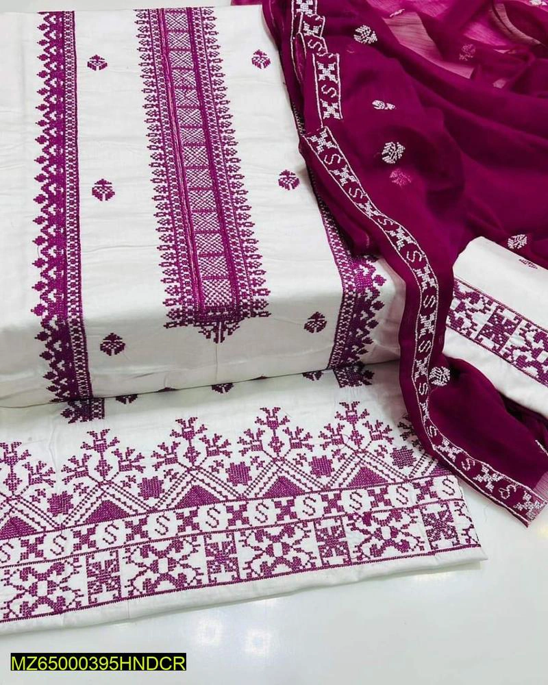 Women's Unstitched Cotton Lawn Embroidered Suit (3 Pcs)