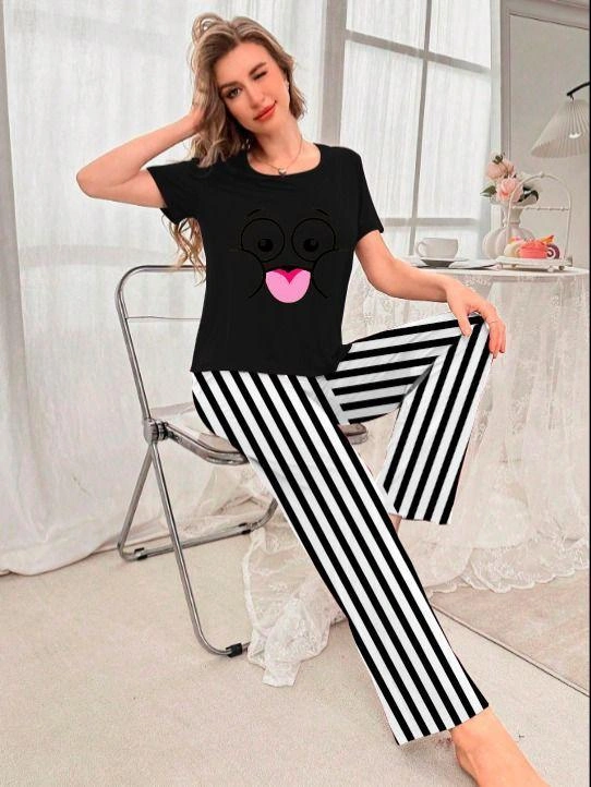 Comfortable Printed Cotton Jersey Night Suit - 2 Pcs Set