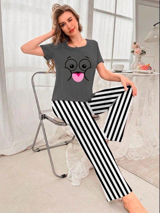 Comfortable Printed Cotton Jersey Night Suit - 2 Pcs Set