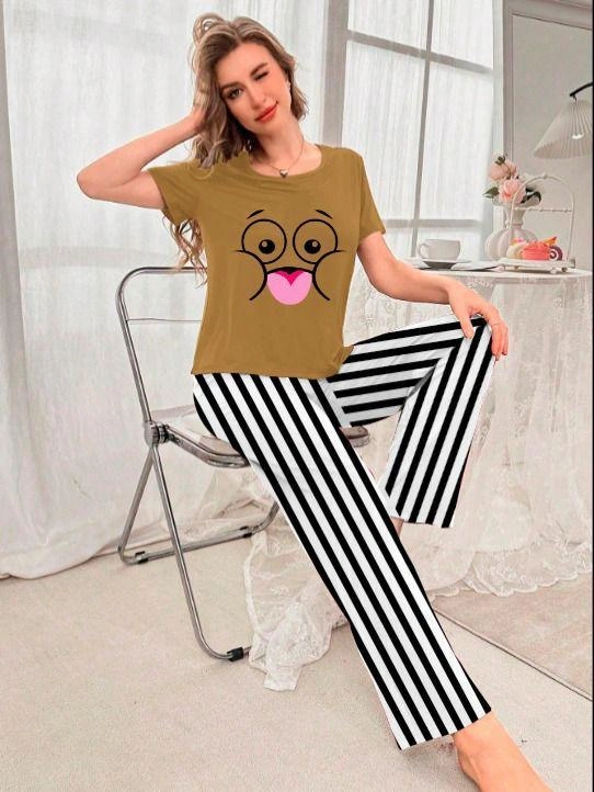 Comfortable Printed Cotton Jersey Night Suit - 2 Pcs Set