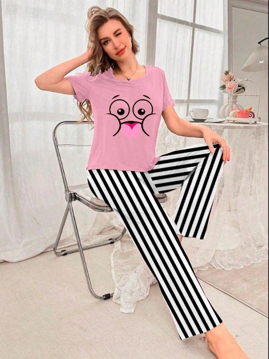 Comfortable Printed Cotton Jersey Night Suit - 2 Pcs Set