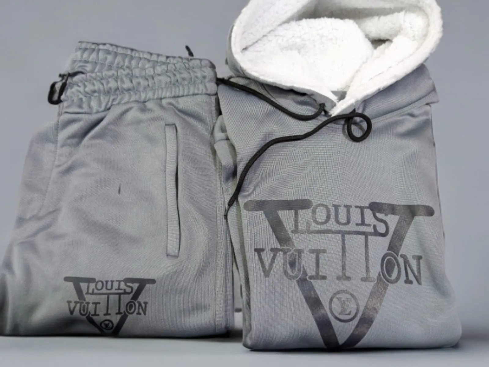 Grey Louis Vuitton-Inspired Winter Tracksuit with Sherpa Ho