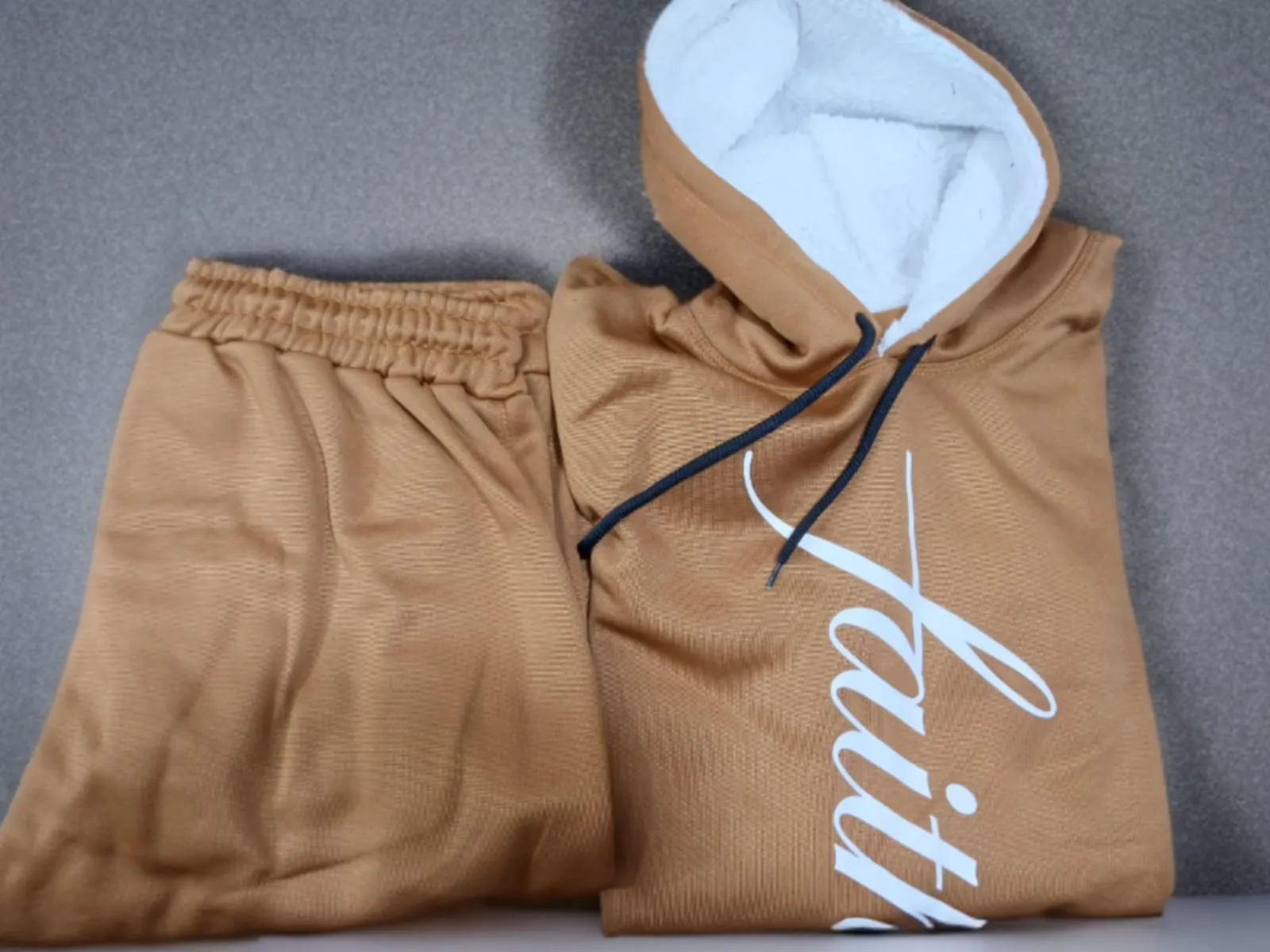 Camel Brown Winter Tracksuit with Sherpa-Lined Hoodie