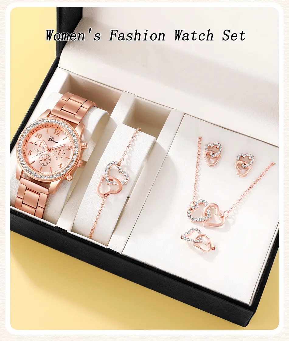 6PCS Set Rose Gold Luxury Watch Women Ring Necklace Earring