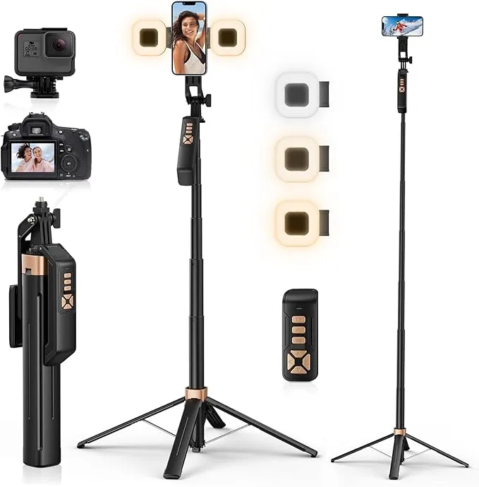 Selfie Stick Tripod - with 3 LED Fill Lights and Remote,