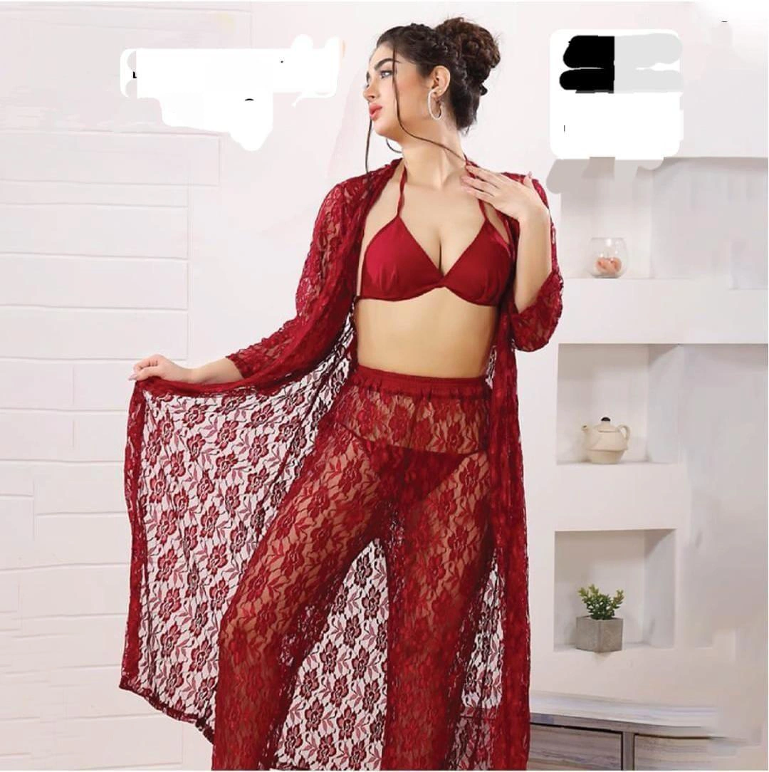 Elegant Lace-Work Net Nightie for Women - 4 Pcs