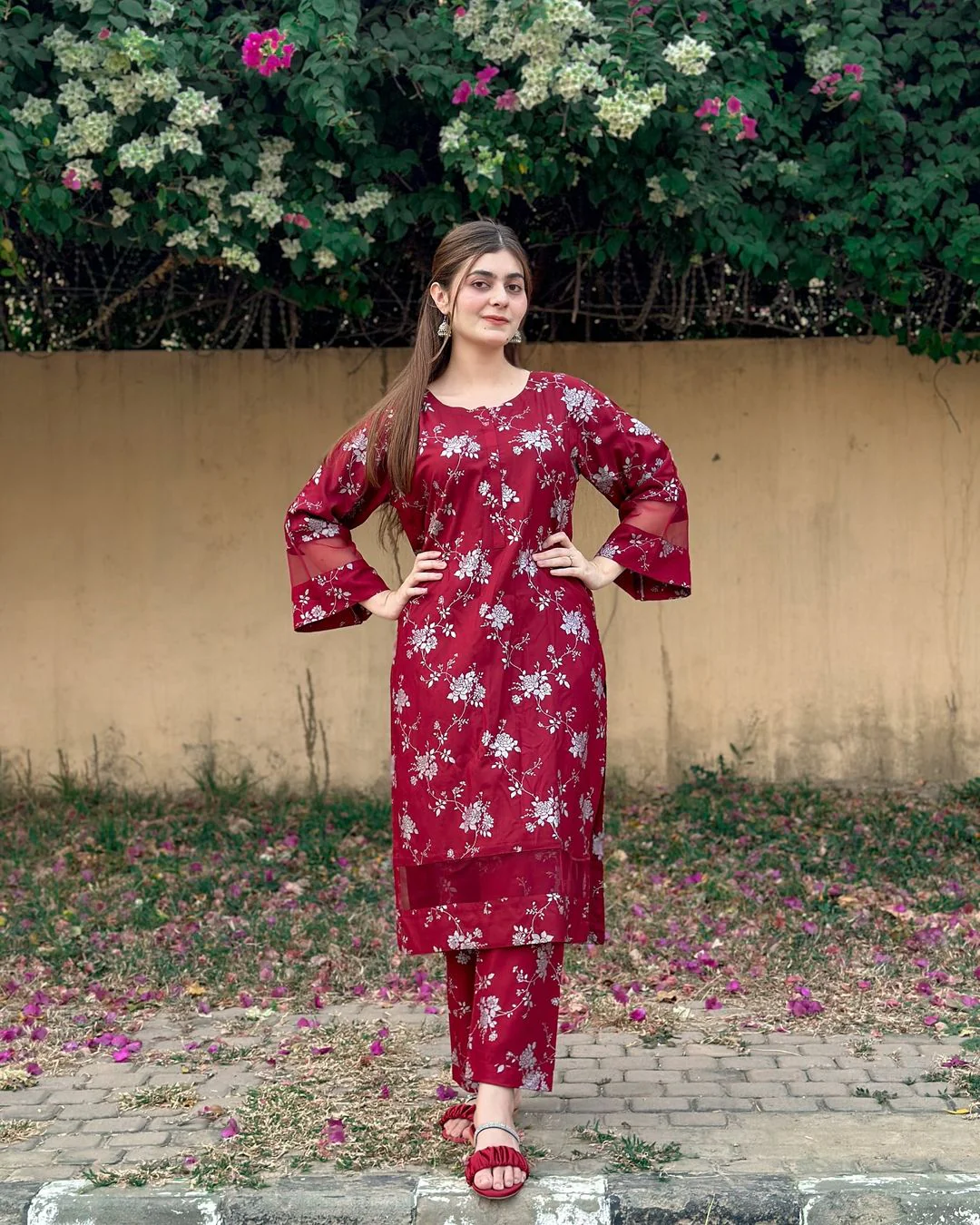2pcs Flower Printed Suit Stone Linen Suit Winter Collection