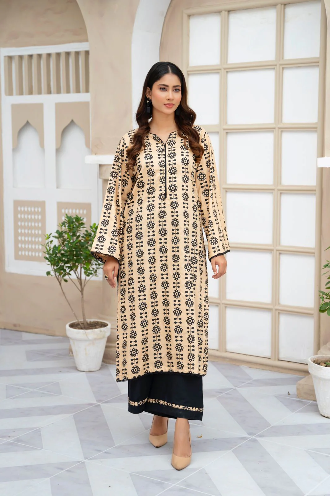 2pcs Printed Stitched Suit Stone Winter Linen Suit