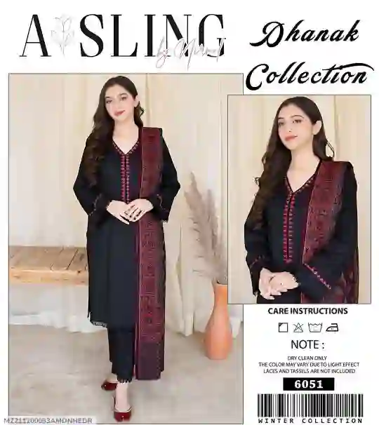 3 Piece Women's Unstitched Dhanak Embroidered Suit