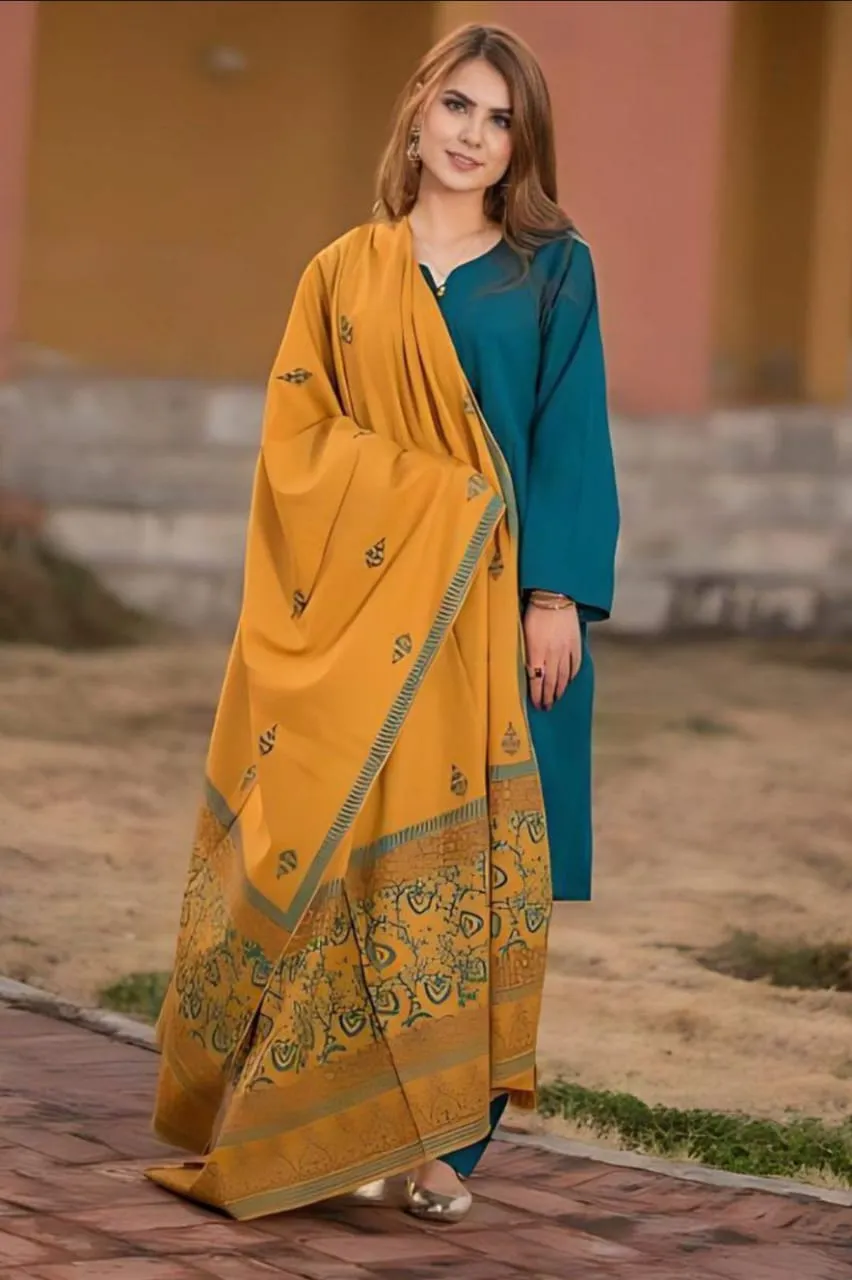 Stunning Blue Embroidered 3 Pcs Suit Set with Digital Print