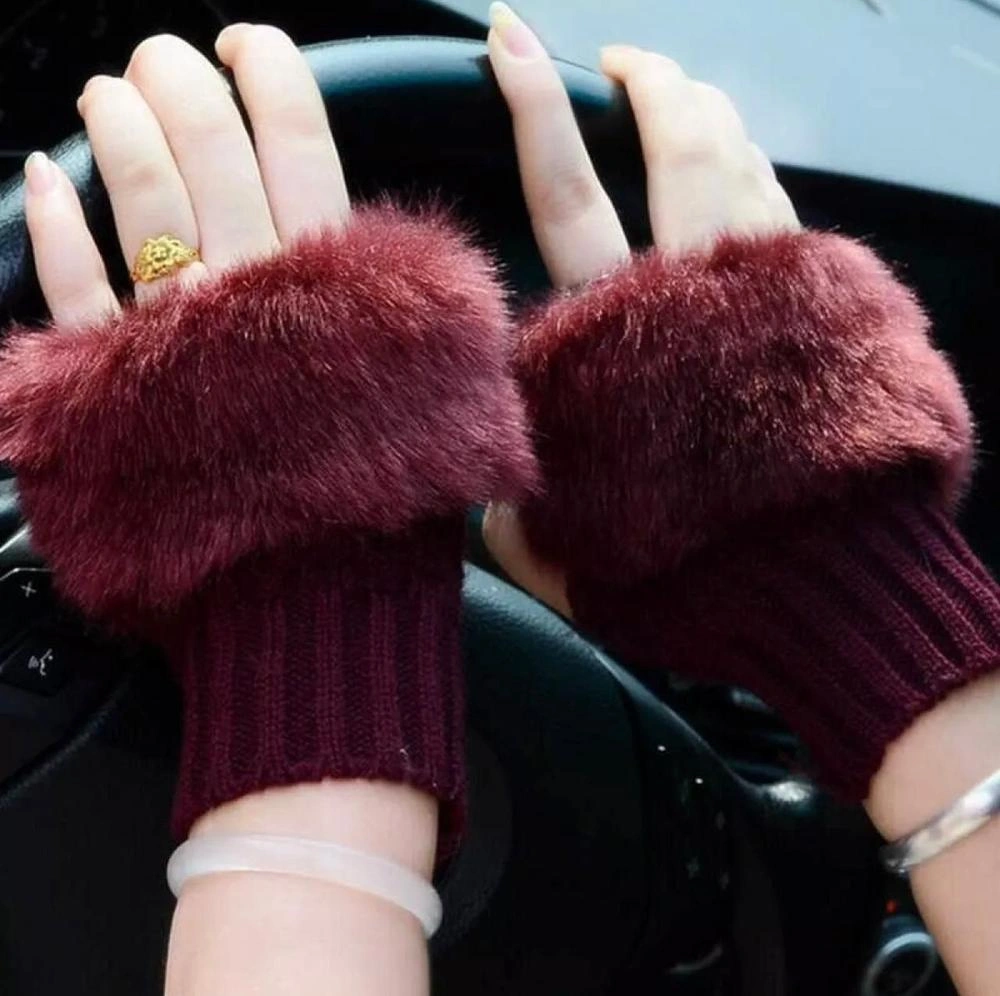 Warm Multicolor Wool Fur Lined Gloves - 2 Pcs Set for Extreme Cold Weather