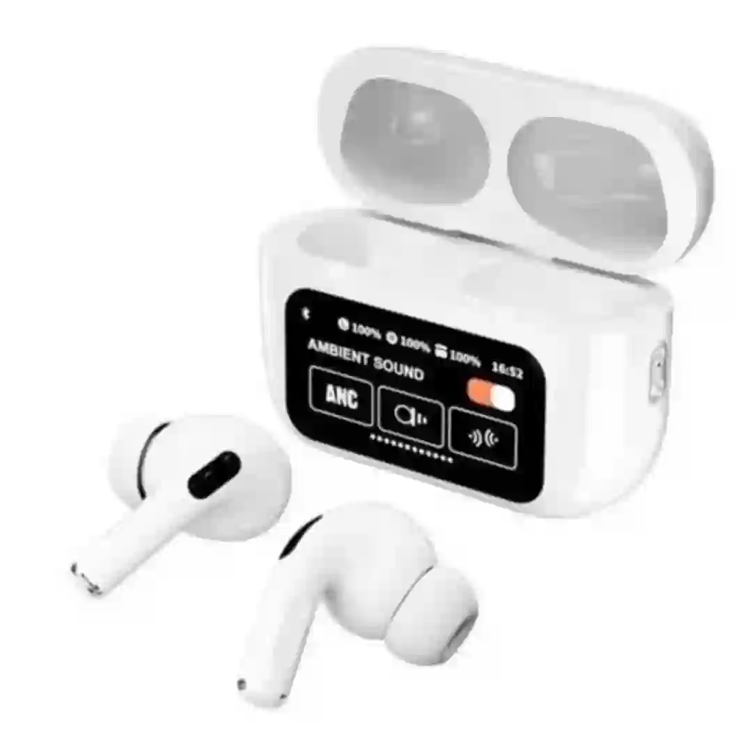 white Active noise cancelling Bluetooth earbuds with long battery life