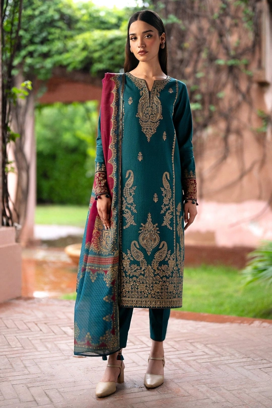 JAZMIN - 3PC KHADDAR EMBROIDERED SHIRT WITH PRINTED TWILL SHAWL AND TROUSER