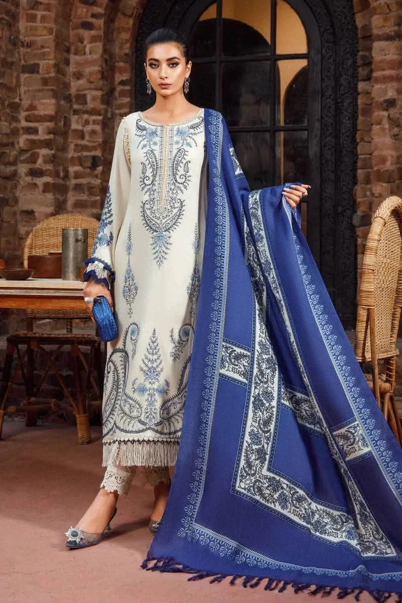 MARIA B - 3PC KHADDAR EMBROIDERED SHIRT WITH PASHMINA WOOL PRINTED SHAWL OR TROUSER