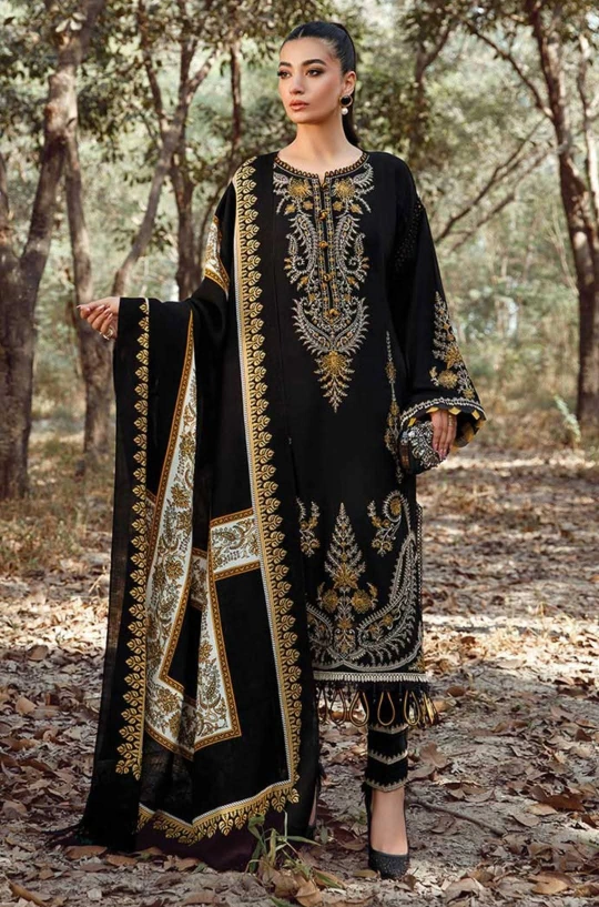 MARIA B - 3PC KHADDAR EMBROIDERED SHIRT WITH PASHMINA WOOL PRINTED SHAWL AND TROUSER