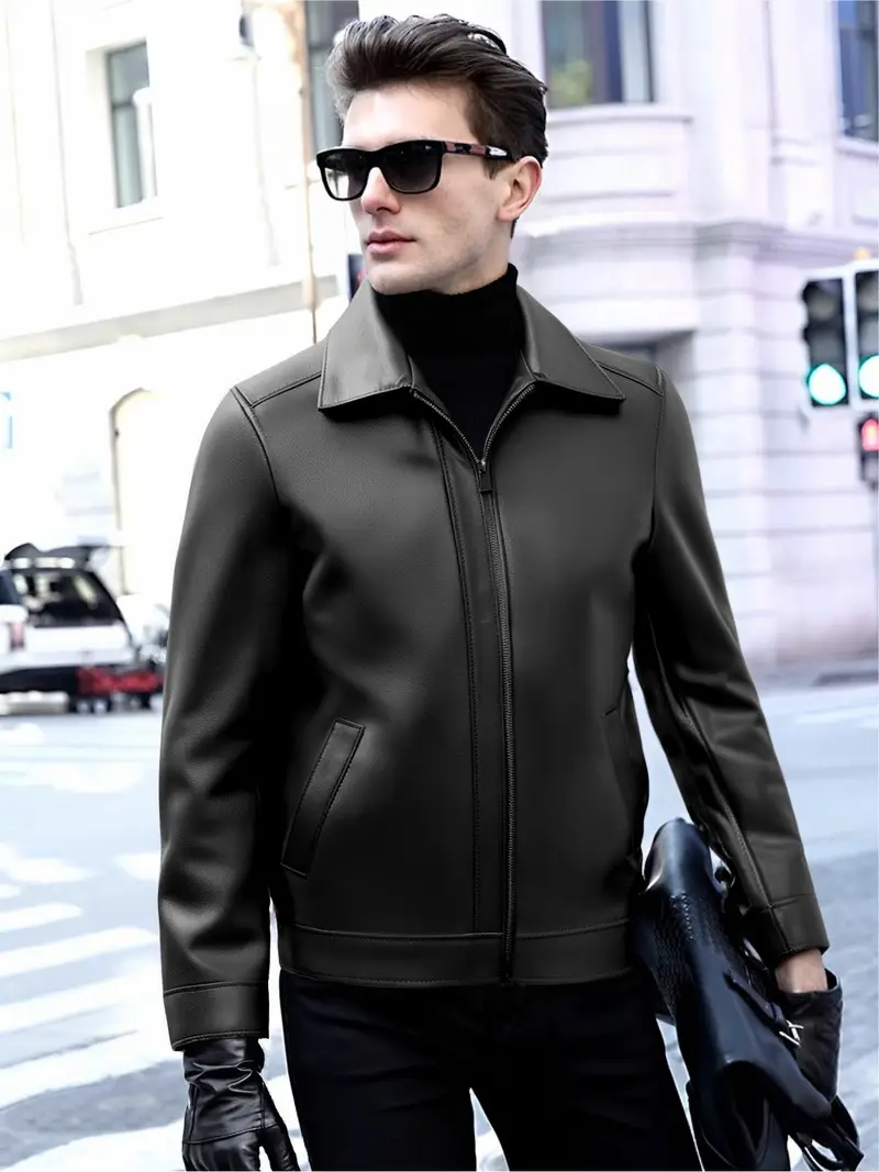 Men's Faux Leather Jacket - Stylish Korean Collar.