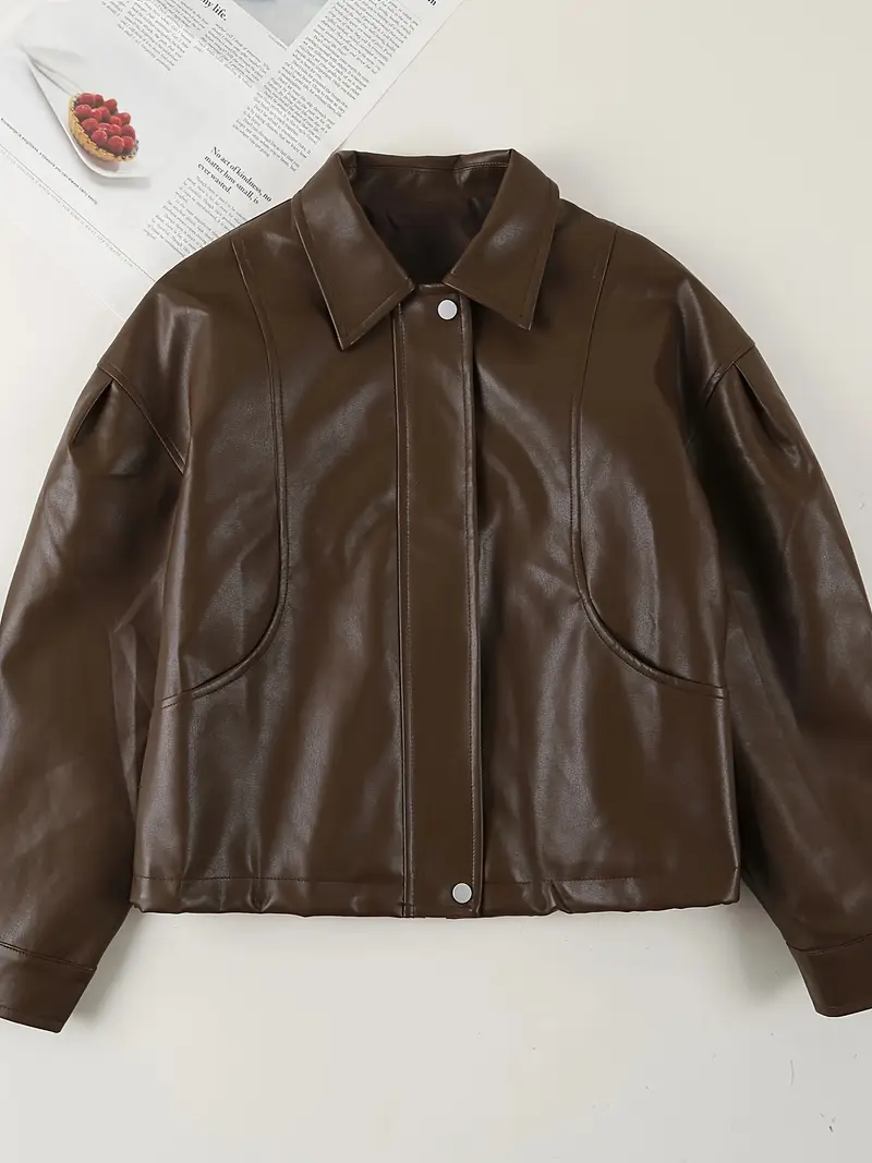 Women's Faux Leather Jacket in Deep Coffee.