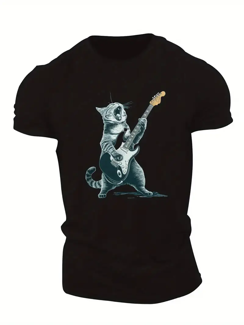 Men's Summer T-Shirt with Cat Playing Electric Guitar Design