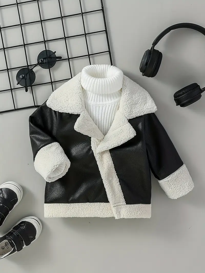Boys' Trendy Winter Jacket - Black Faux Leather & Fleece.
