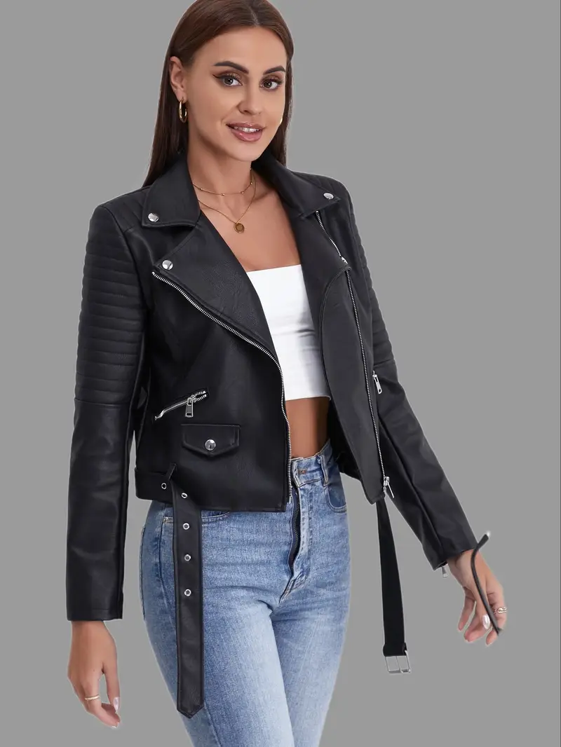 Solid Biker Jacket, Streetwear Long Sleeve Zipper Outerwear.