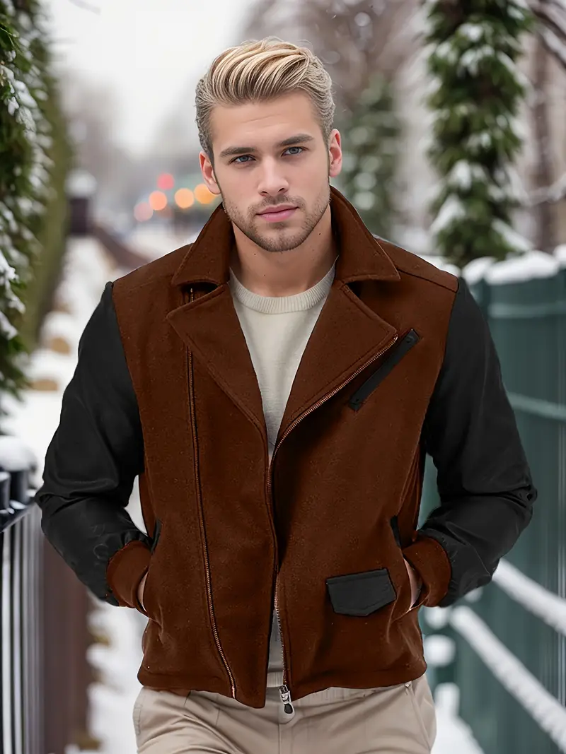 Men's Casual Faux Leather Jacket with Knit Fabric.