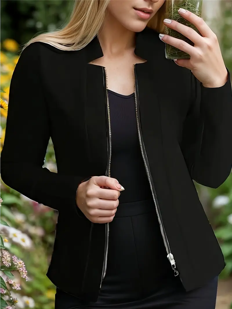 Solid Color Notched Collar Jacket.