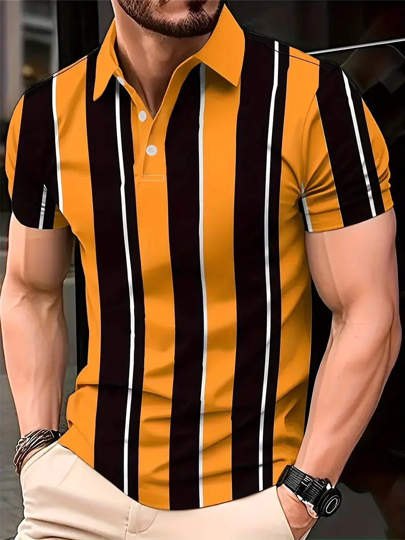 Men's Casual Printed Stripe Polo Shirt with Button.