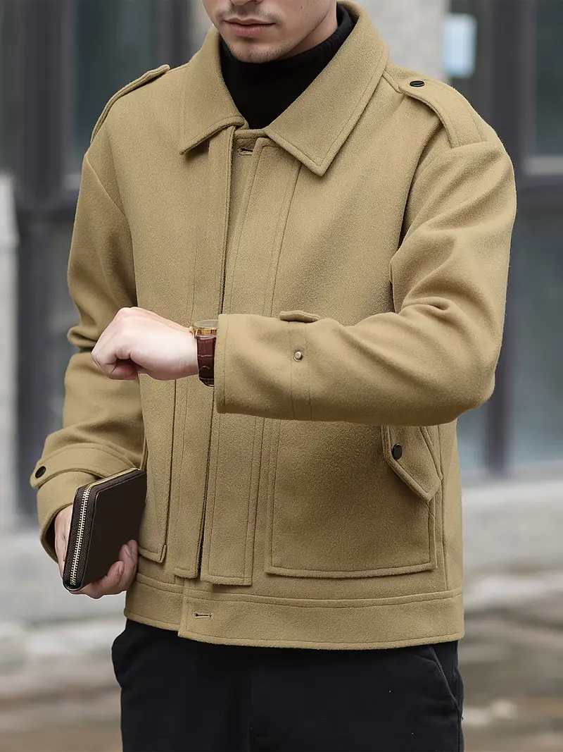 Men's Casual Polyester Jacket, Solid Color Lapel Collar.