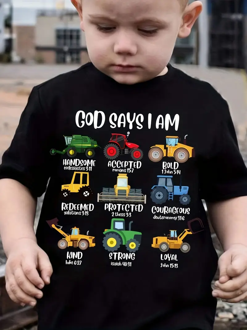 God Says I Am" Construction Vehicle Graphic Boys' T-Shirt.