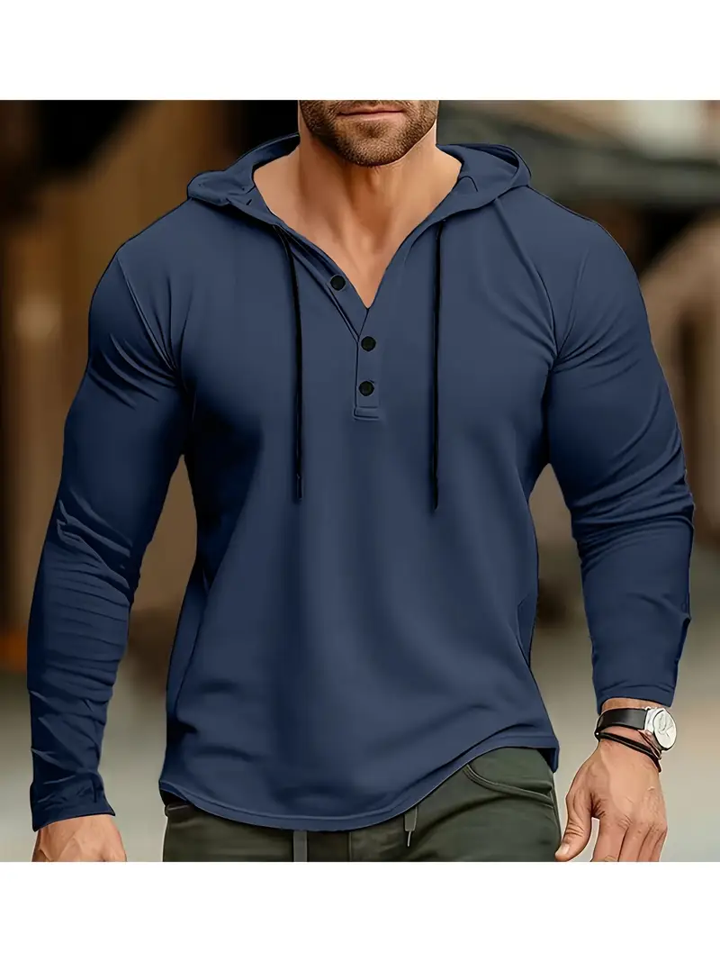 Men's Athletic Hooded Henley Long Sleeve Hoodie.