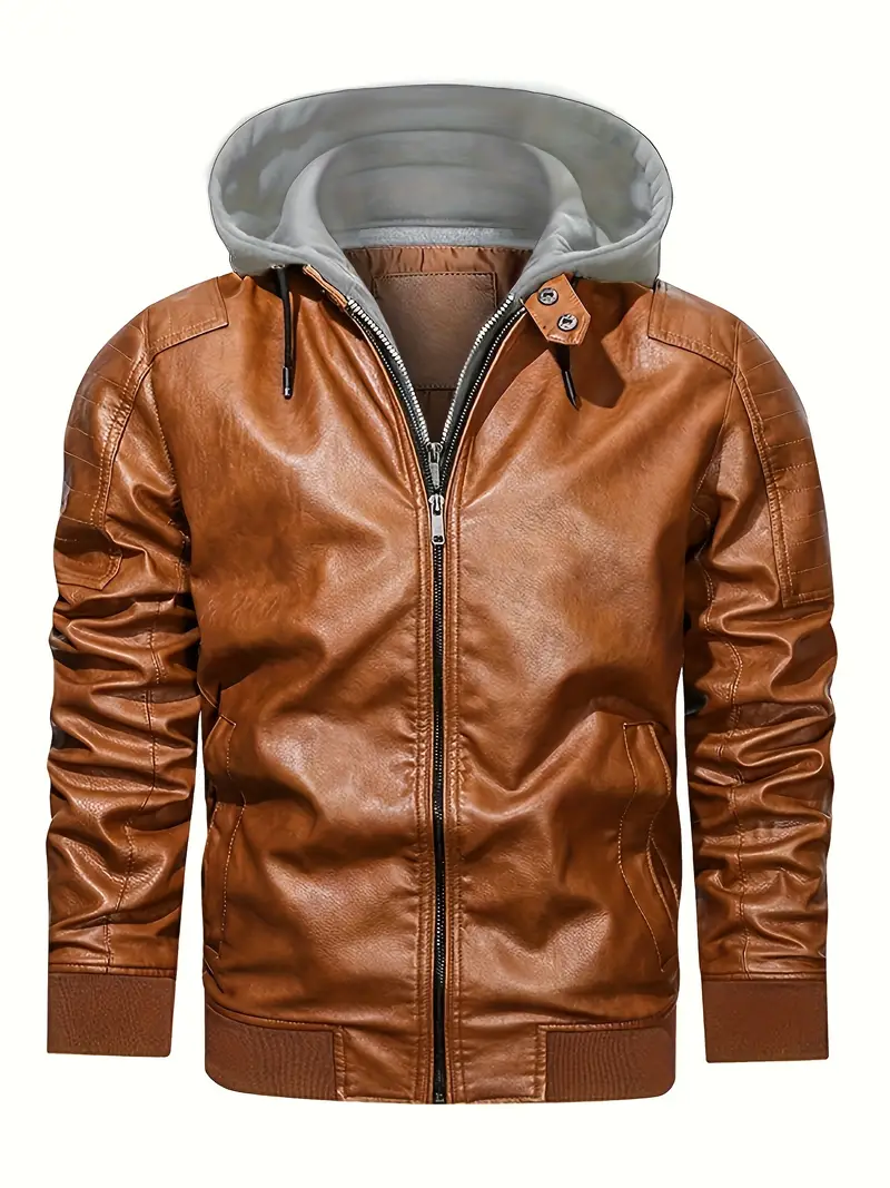 Men's PU Leather Biker Jacket, Casual Zip Up Hooded.