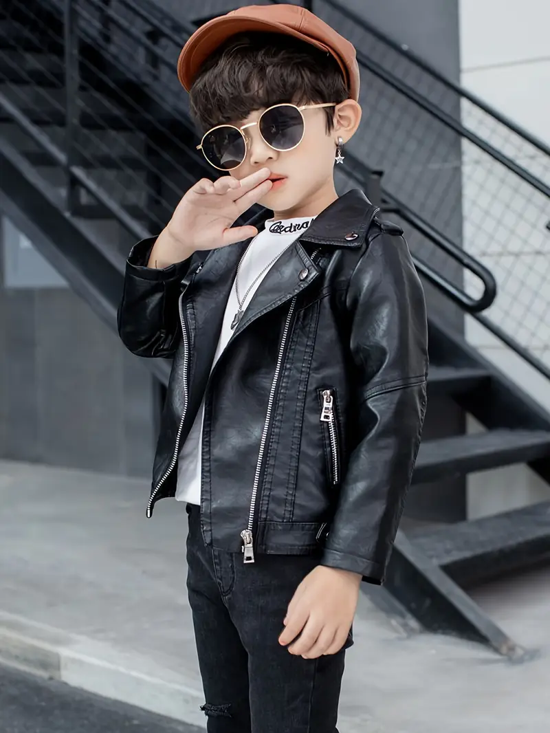 Boys Cool PU Leather Lapel Zip Up Jacket.