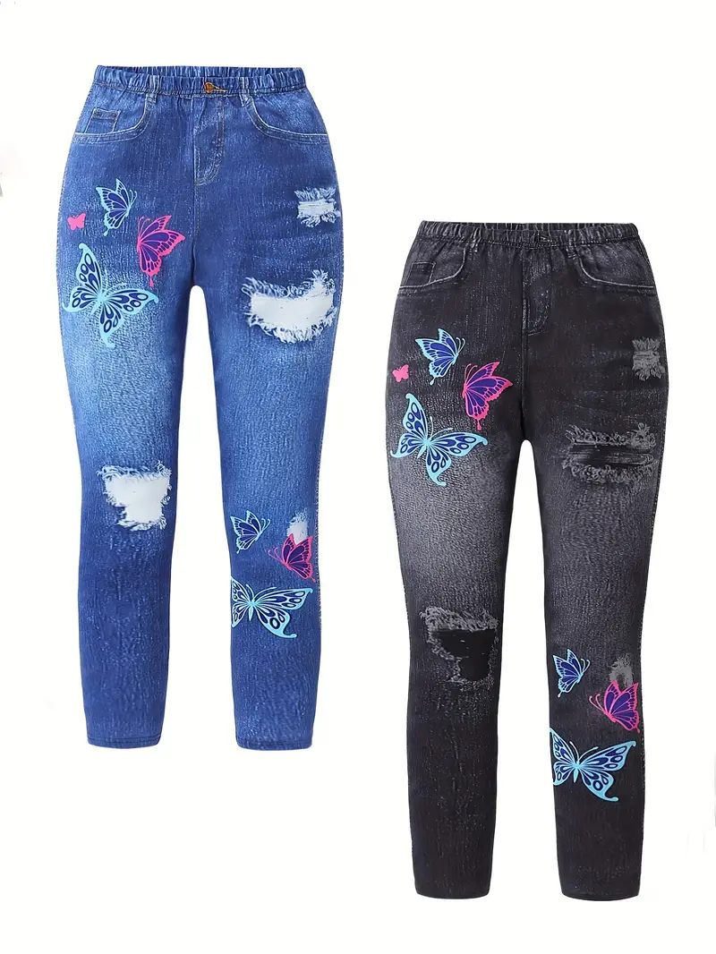 Denim Butterfly Pattern Pants For Girls, Casual And Stylish.