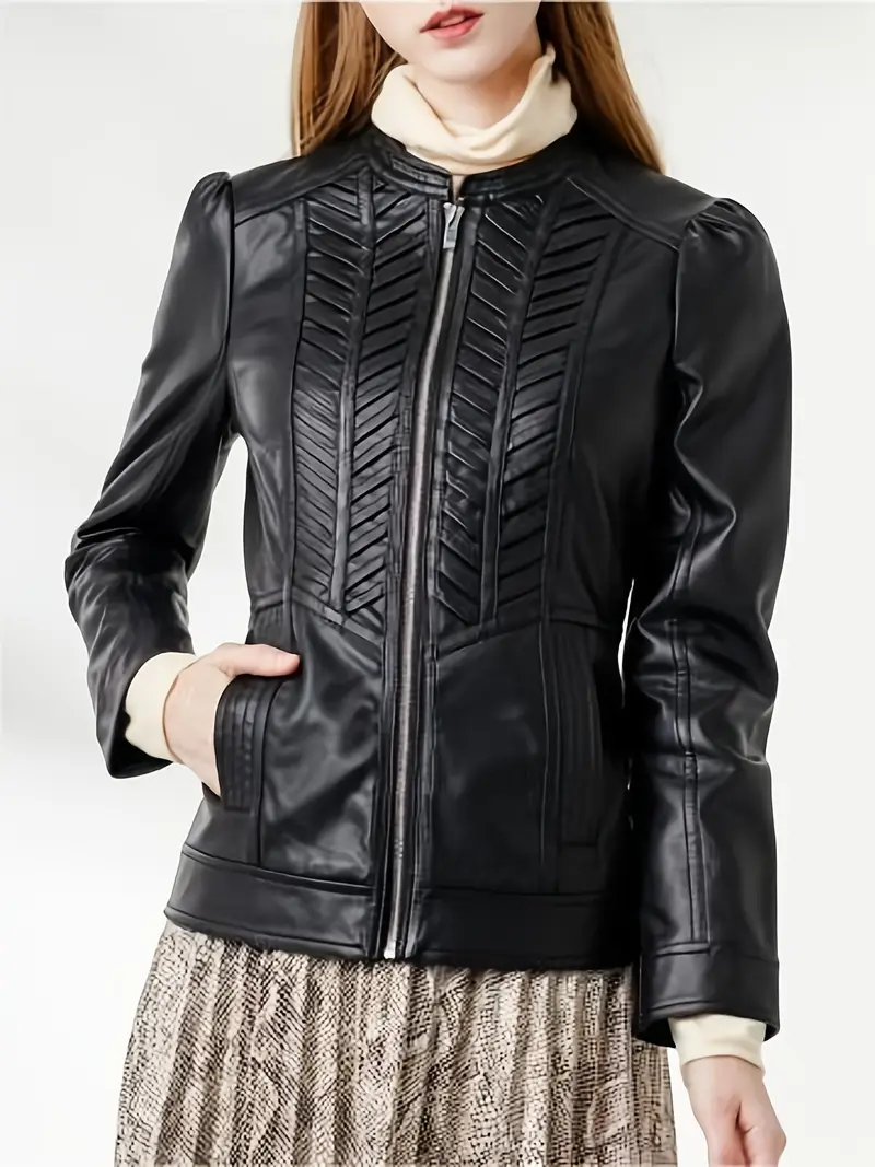 Faux Leather PU Zipper Coat, Elegant Woven Pattern.