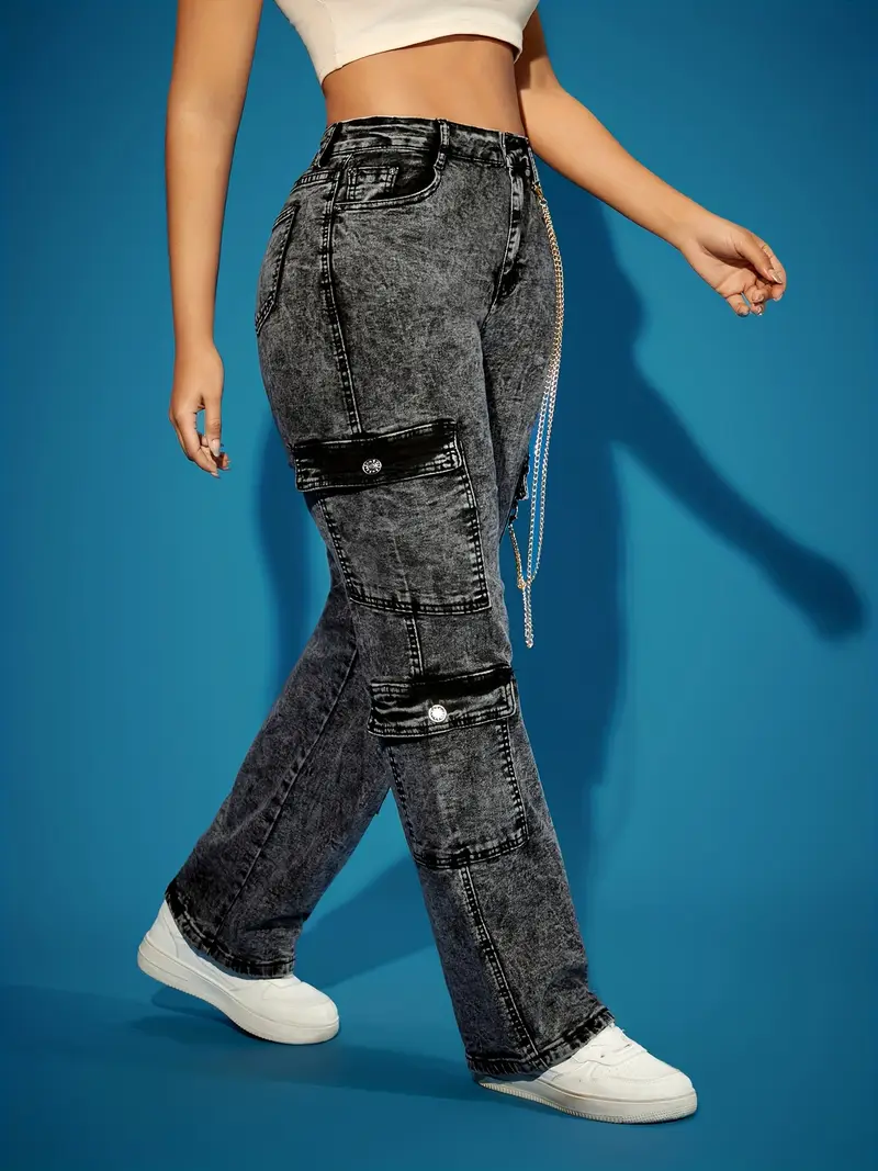 Women's High-Waist Stretch Denim Cargo Pants.