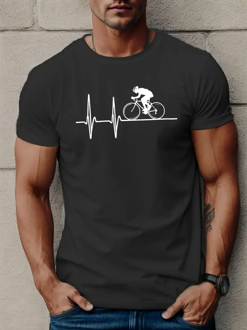 1pc Men'S Casual Cycling EKG Heartbeat Graphic T-Shirt.