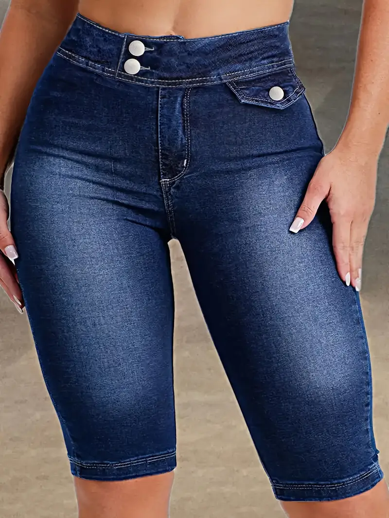 Women's High-Waist Stretchy Plain Denim Bermuda Shorts Jeans