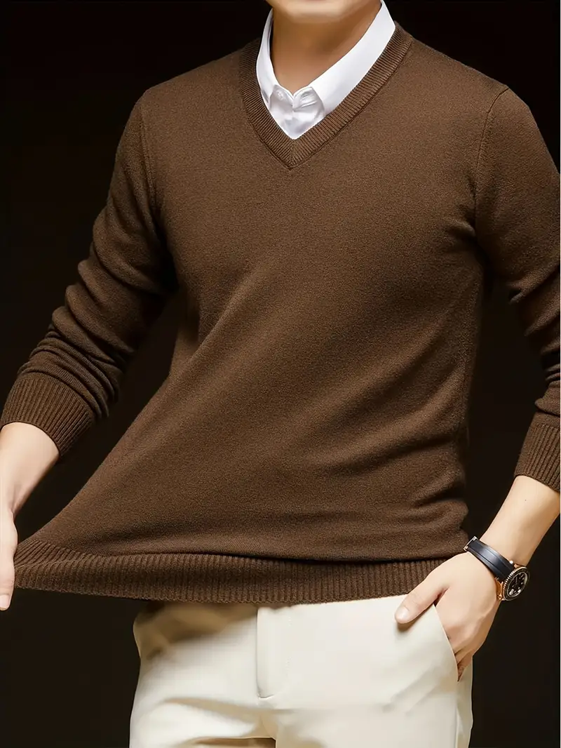 Men's Solid Color V-neck Knit Sweater.