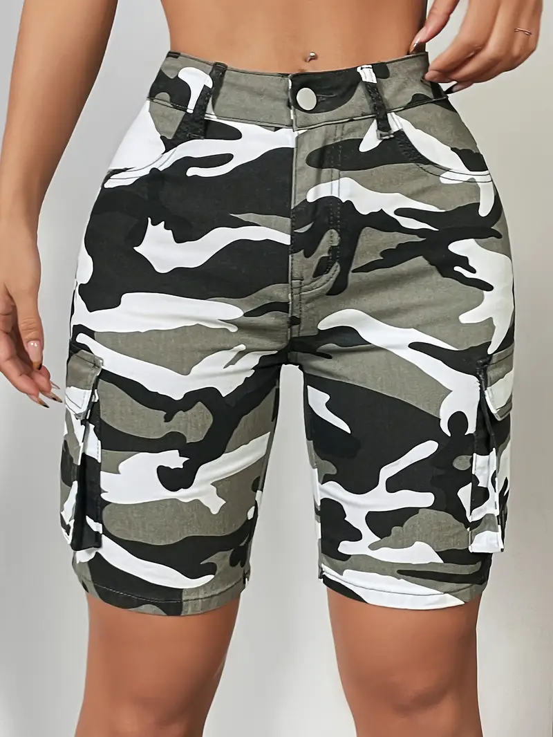 Women's Camouflage Stretchy Cargo Biker Shorts|CASUAL|.